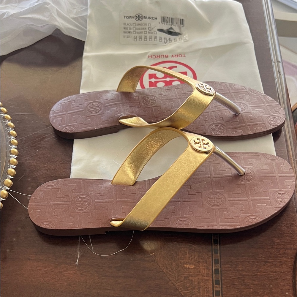 Tory Burch Metallic Gold Thong Sandals with Brown Footbed - Picture 3 of 4